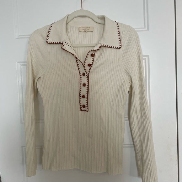 Sezane Tops - Sezane Cream Ribbed Long-Sleeve Polo with Brown Trim